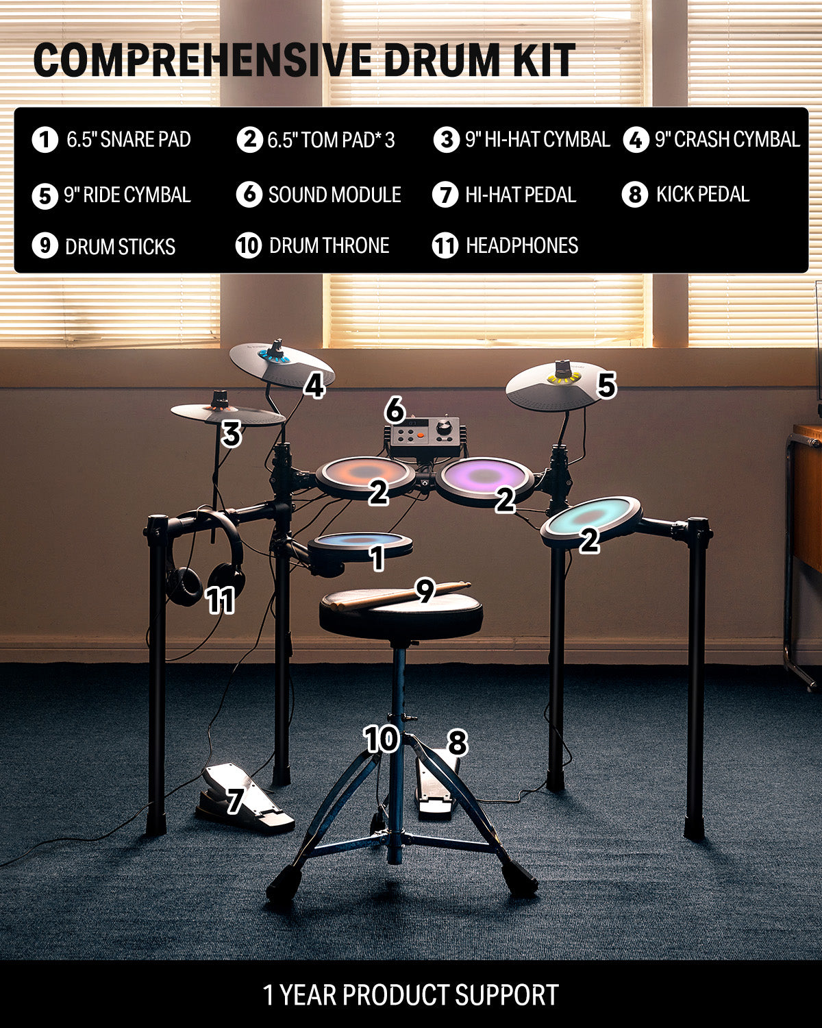 Donner DED-70L Electronic Drum Set With LED Light