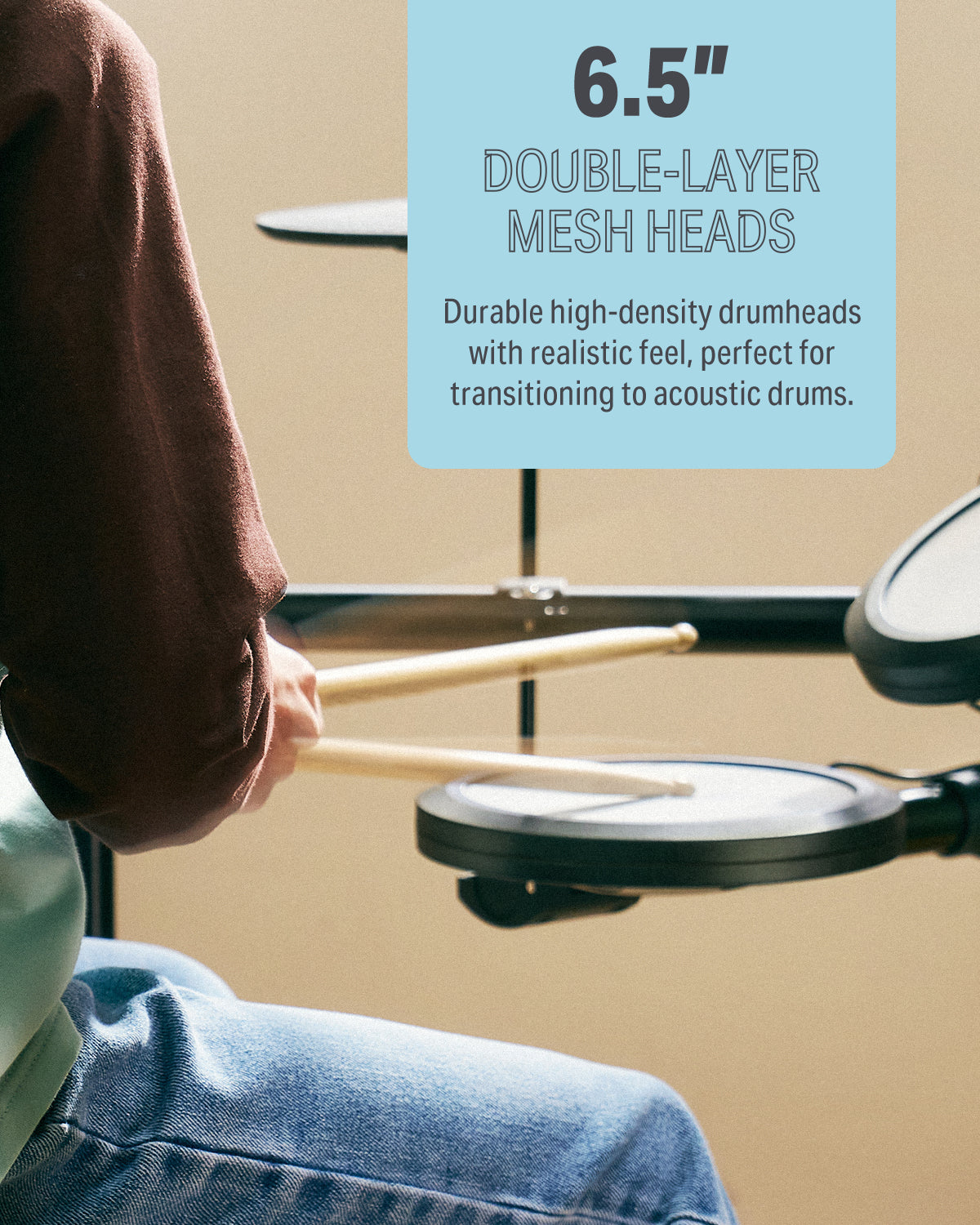 Donner DED-70 Electric Drum Set For kids beginners with Quiet Mesh Drum Pads, 5 drums 3 cymbal