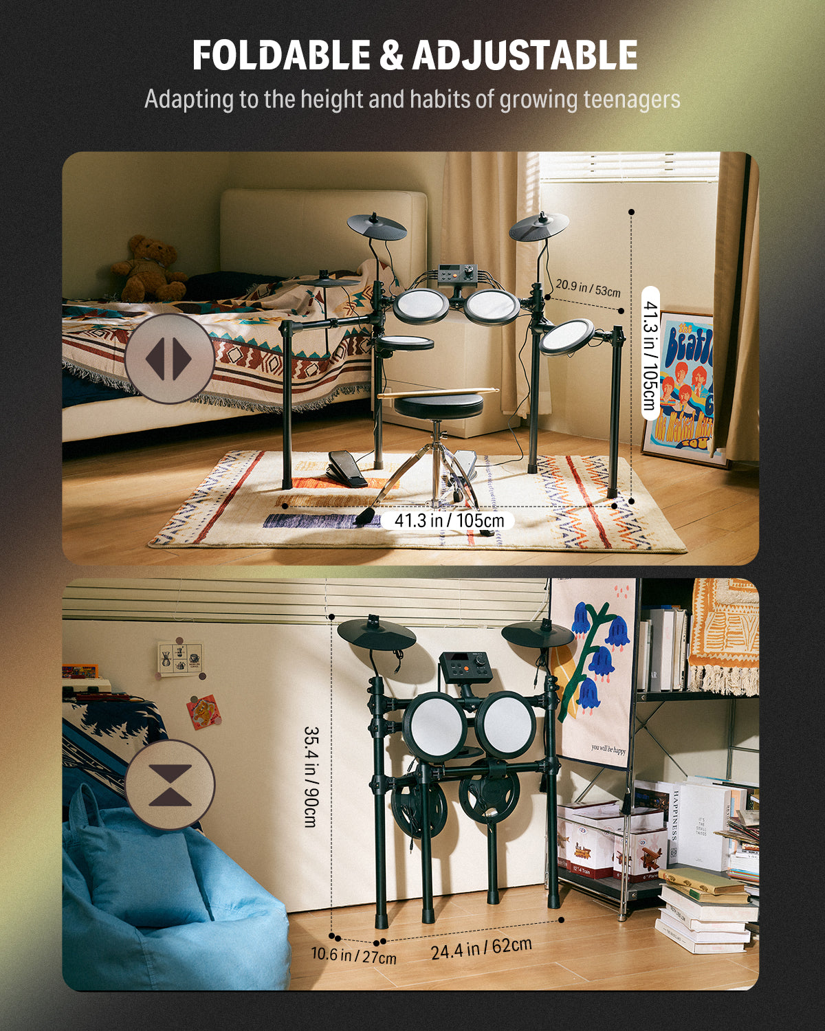 Donner DED-70 Electric Drum Set For kids beginners with Quiet Mesh Drum Pads, 5 drums 3 cymbal