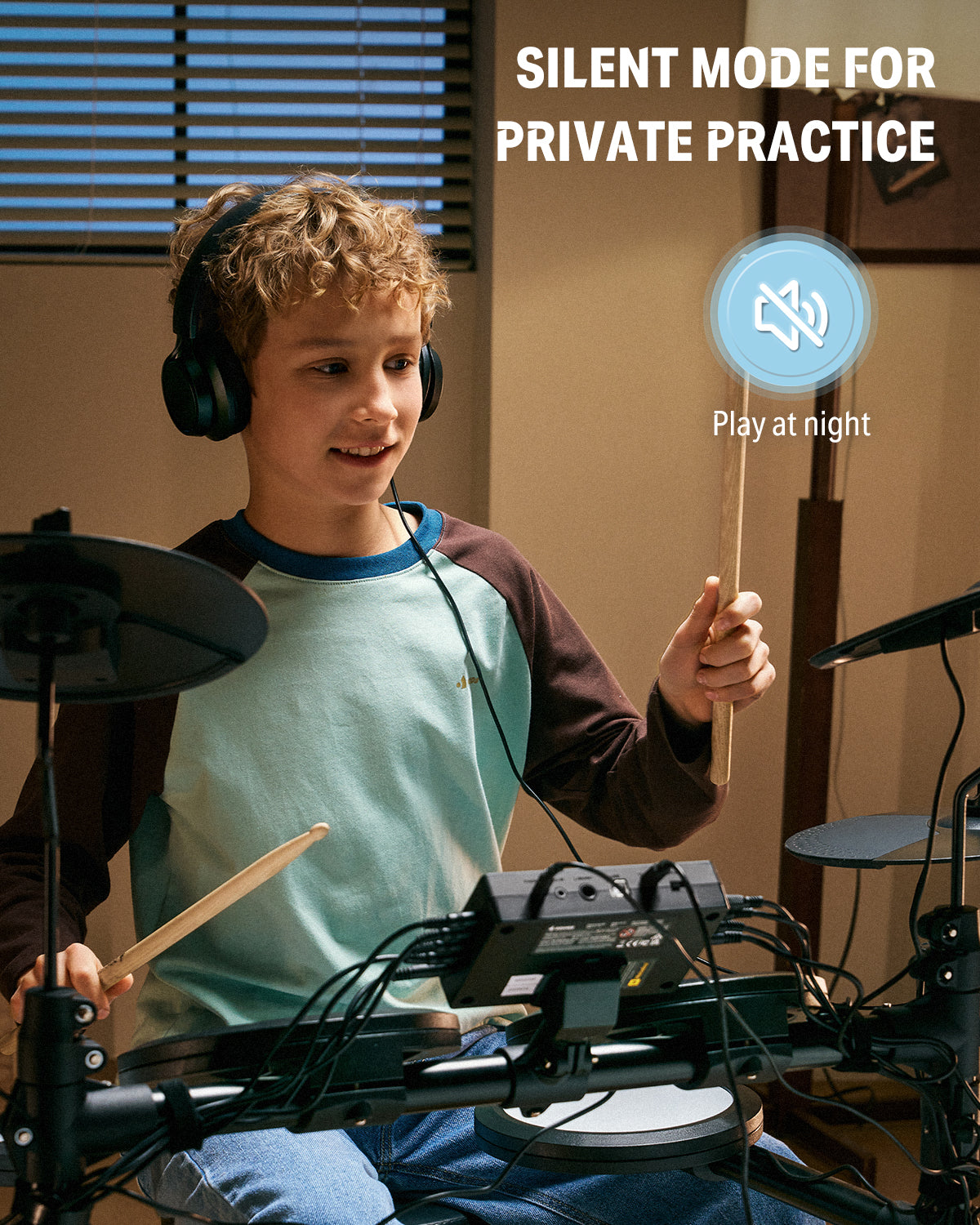 Donner DED-70 Electric Drum Set For kids beginners with Quiet Mesh Drum Pads, 5 drums 3 cymbal