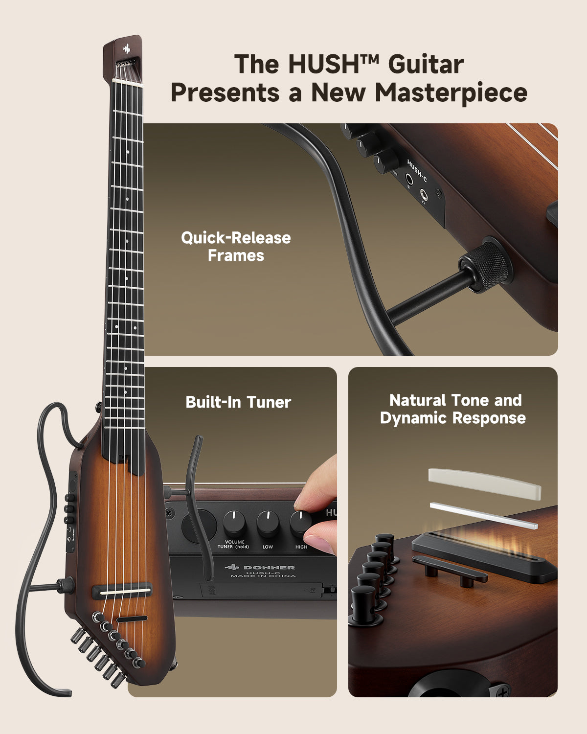 Donner HUSH™ C Acoustic-Electric Nylon string Classical Headless travel Guitar