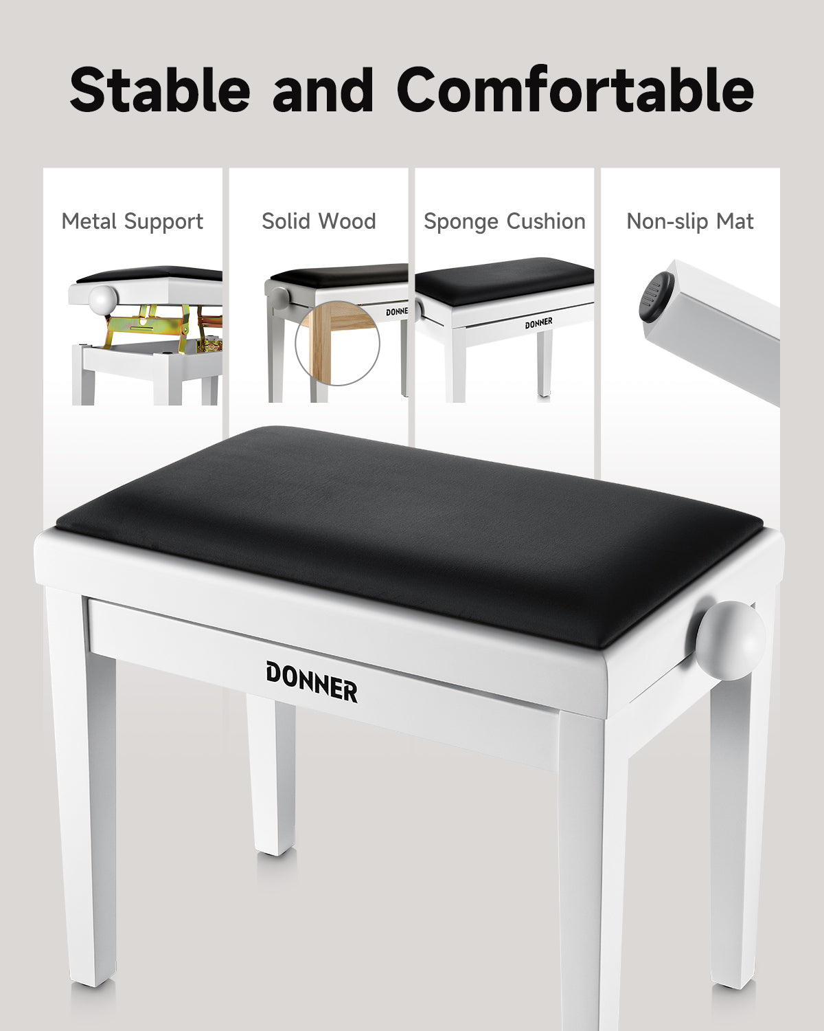 Donner Adjustable-Height Piano Bench White Matt