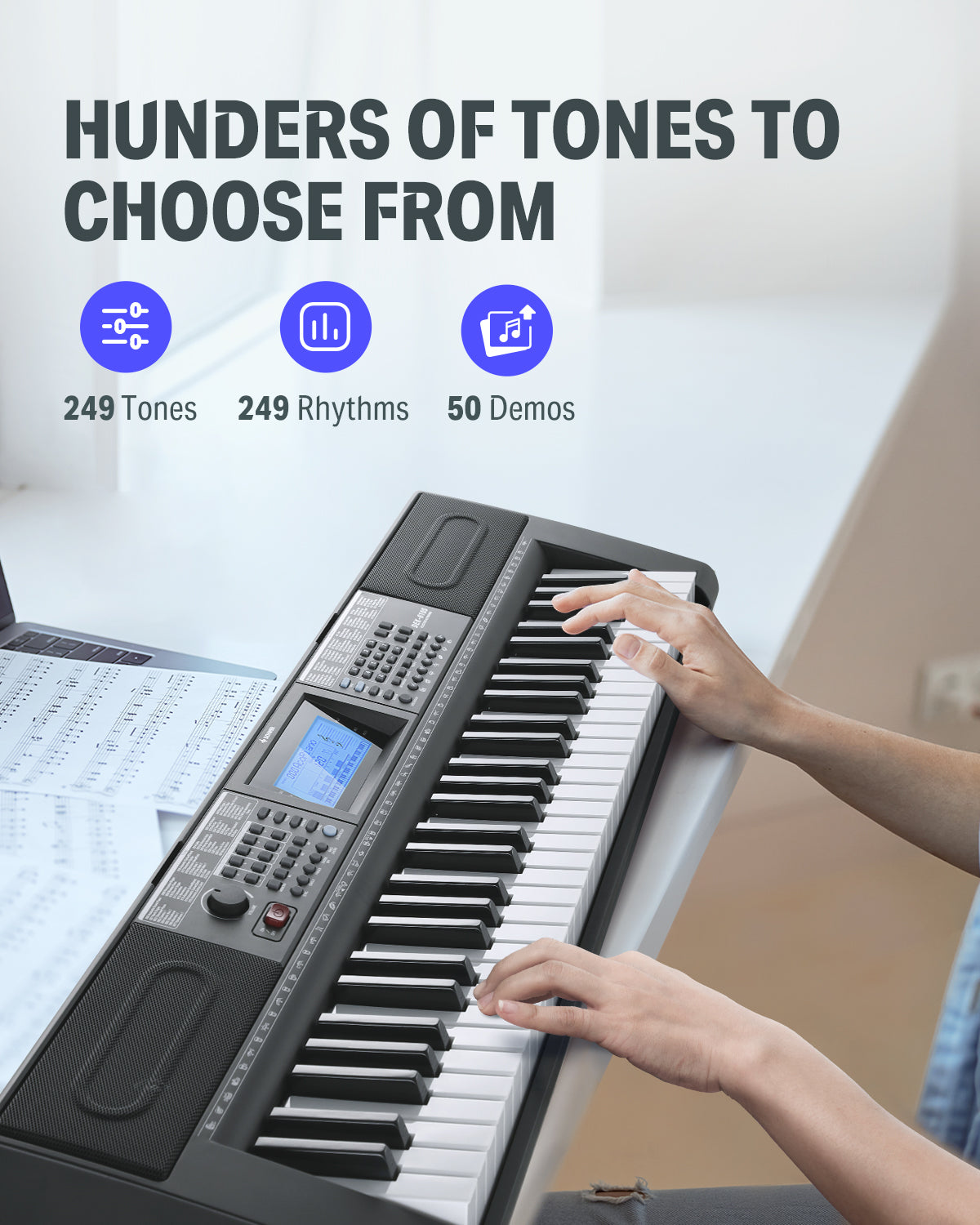 Donner DEK-610s Portable Piano Keyboard 61 Keys for Beginner with keyboard stand, bench, music stand, microphone, adapter-Black##