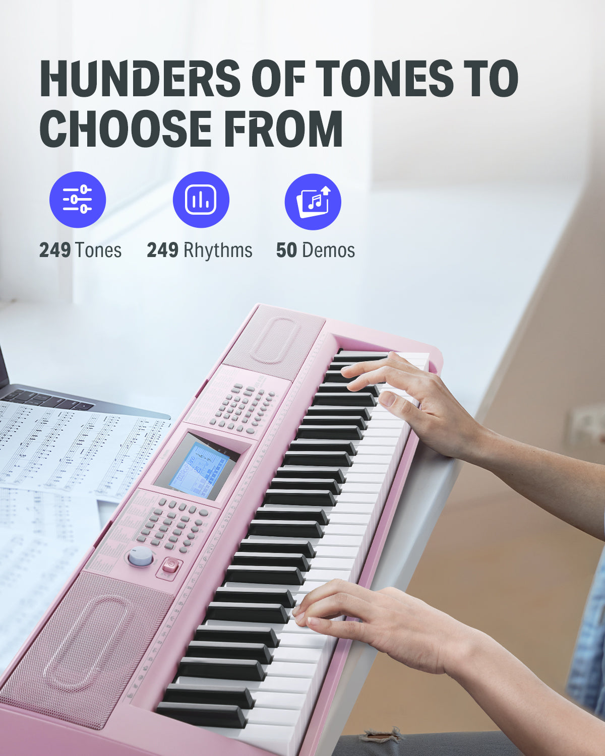 Donner DEK-610 - 61 Key Keyboard Piano for Beginner/Professional with Superior Sound, Elite Teaching Modes, Rich Music Selections, HD Display & Multiple Functions-Pink##