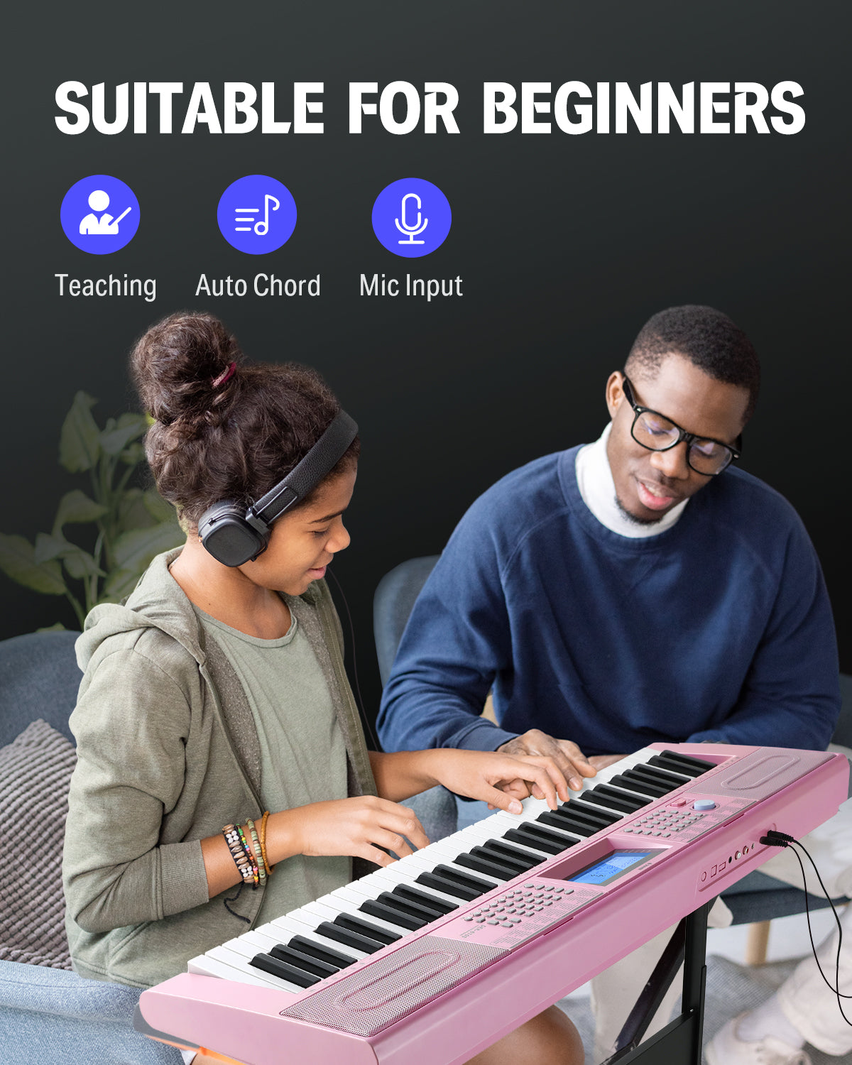 Donner DEK-610 - 61 Key Keyboard Piano for Beginner/Professional with Superior Sound, Elite Teaching Modes, Rich Music Selections, HD Display & Multiple Functions-Pink##