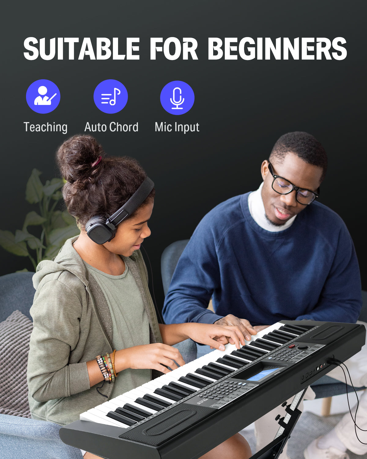 Donner DEK-610s Portable Piano Keyboard 61 Keys for Beginner with keyboard stand, bench, music stand, microphone, adapter-Black##