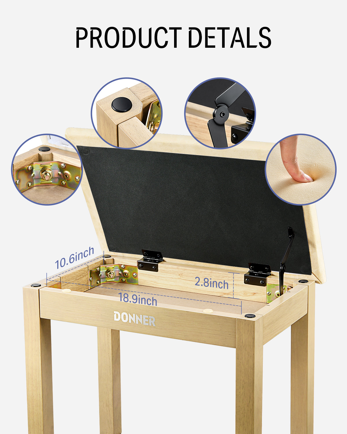 Donner Light Wood Color Piano Bench with High-Density Suede Cushion