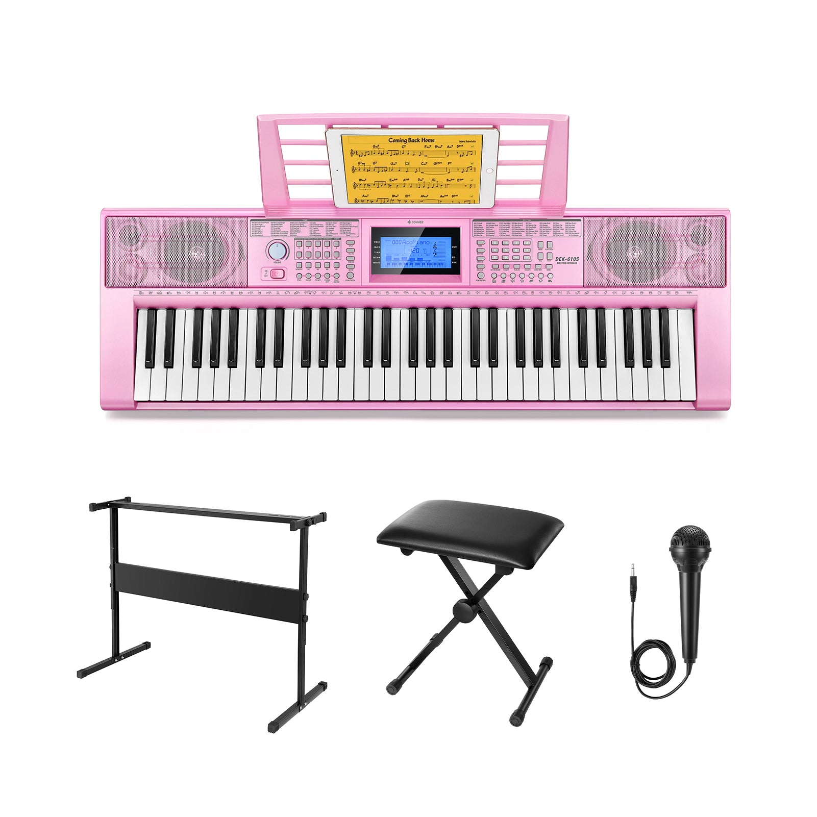 Donner DEK-610 - 61 Key Keyboard Piano for Beginner/Professional with Superior Sound, Elite Teaching Modes, Rich Music Selections, HD Display & Multiple Functions-Pink##