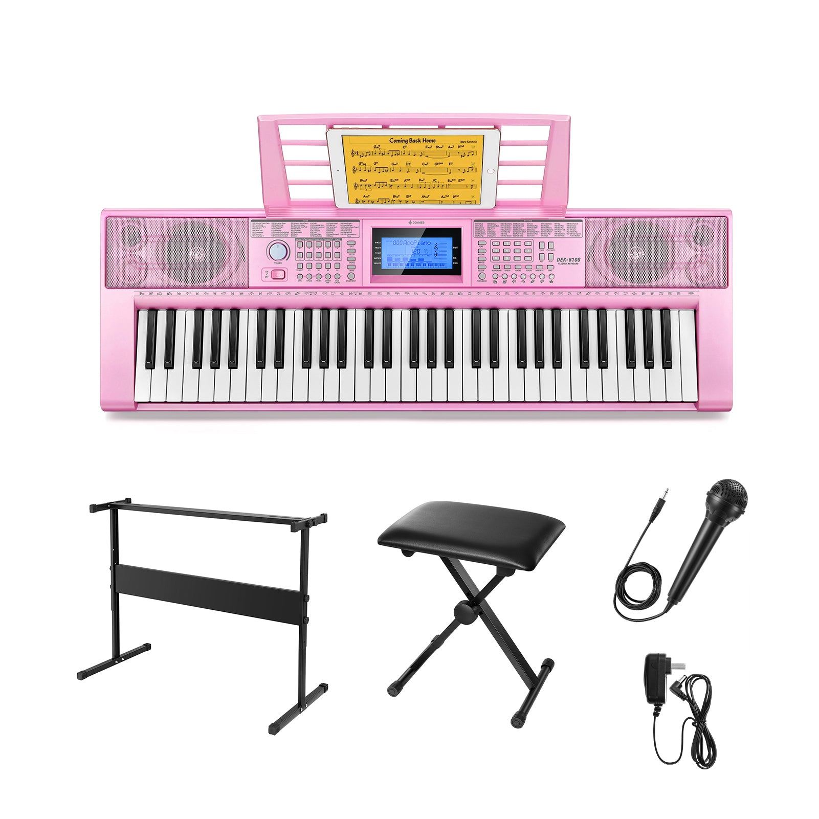 Donner DEK-610s Portable Piano Keyboard 61 Keys for Beginner with keyboard stand, bench, music stand, microphone, adapter-Pink##