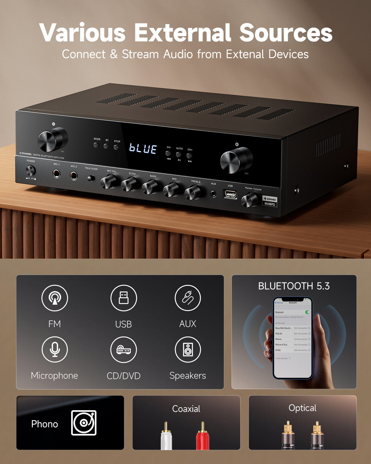 Black audio amplifier with connectivity options on a wooden surface