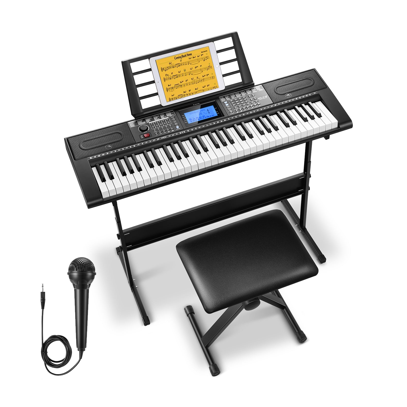 Donner DEK-610s Portable Piano Keyboard 61 Keys for Beginner with keyboard stand, bench, music stand, microphone, adapter