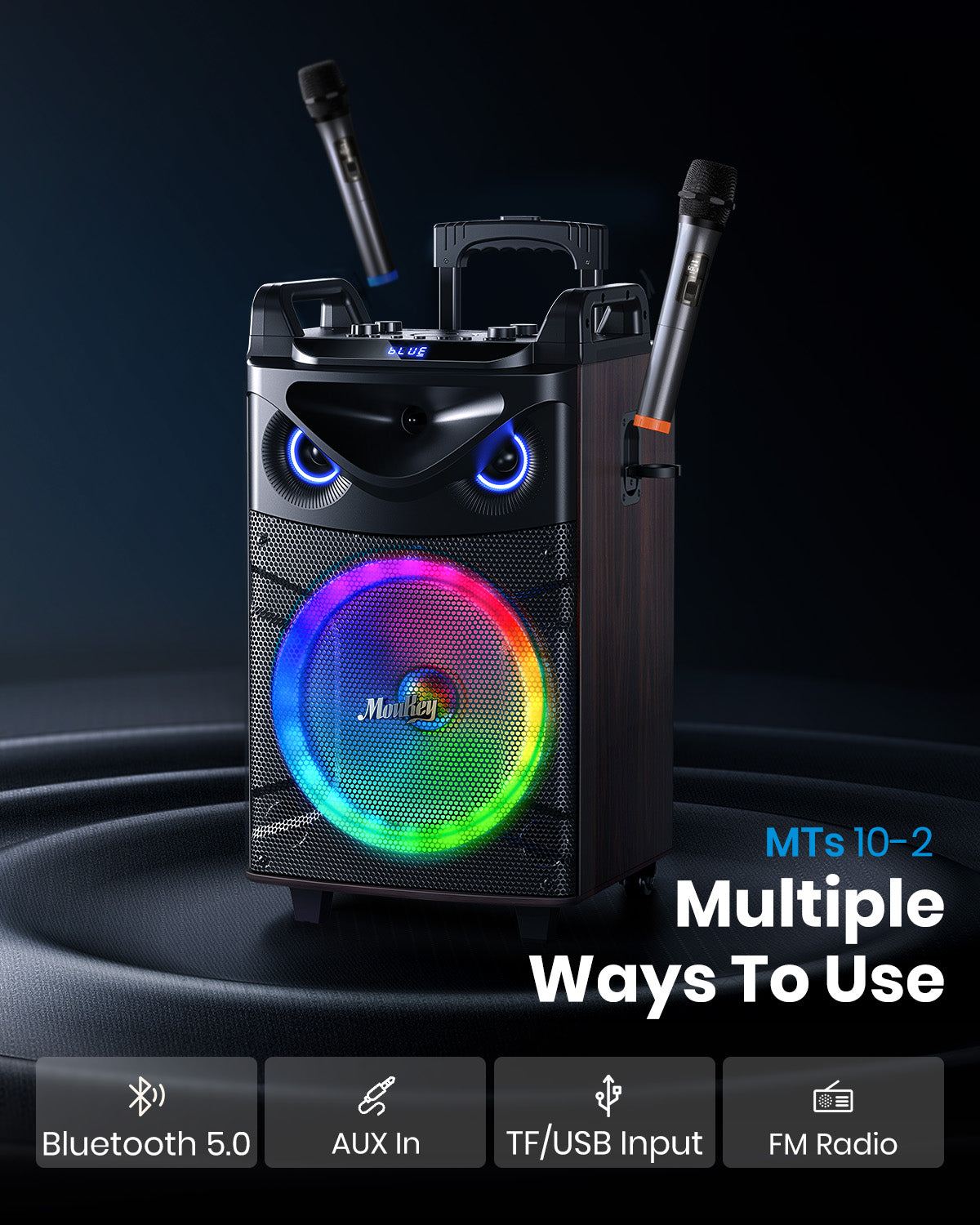 Moukey Karaoke Machine, Wood Pattern 10" Woofer Portable PA System, Bluetooth Speaker with 2 Wireless Microphones, Tablet Holder & Party Lights, Echo/Treble/Bass Adjustment Support REC/AUX/USB/TF