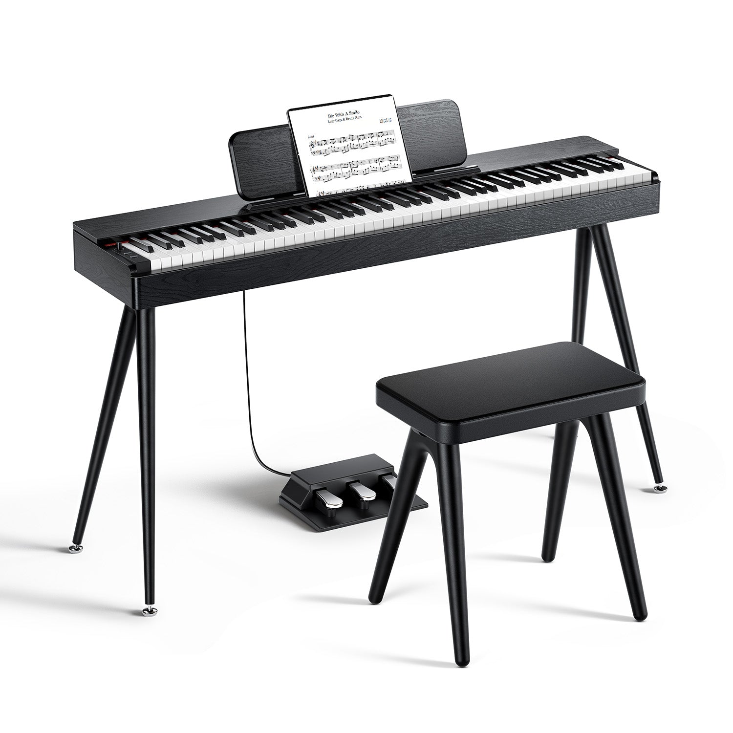 Black digital piano with bench and music stand on a white background-Black##