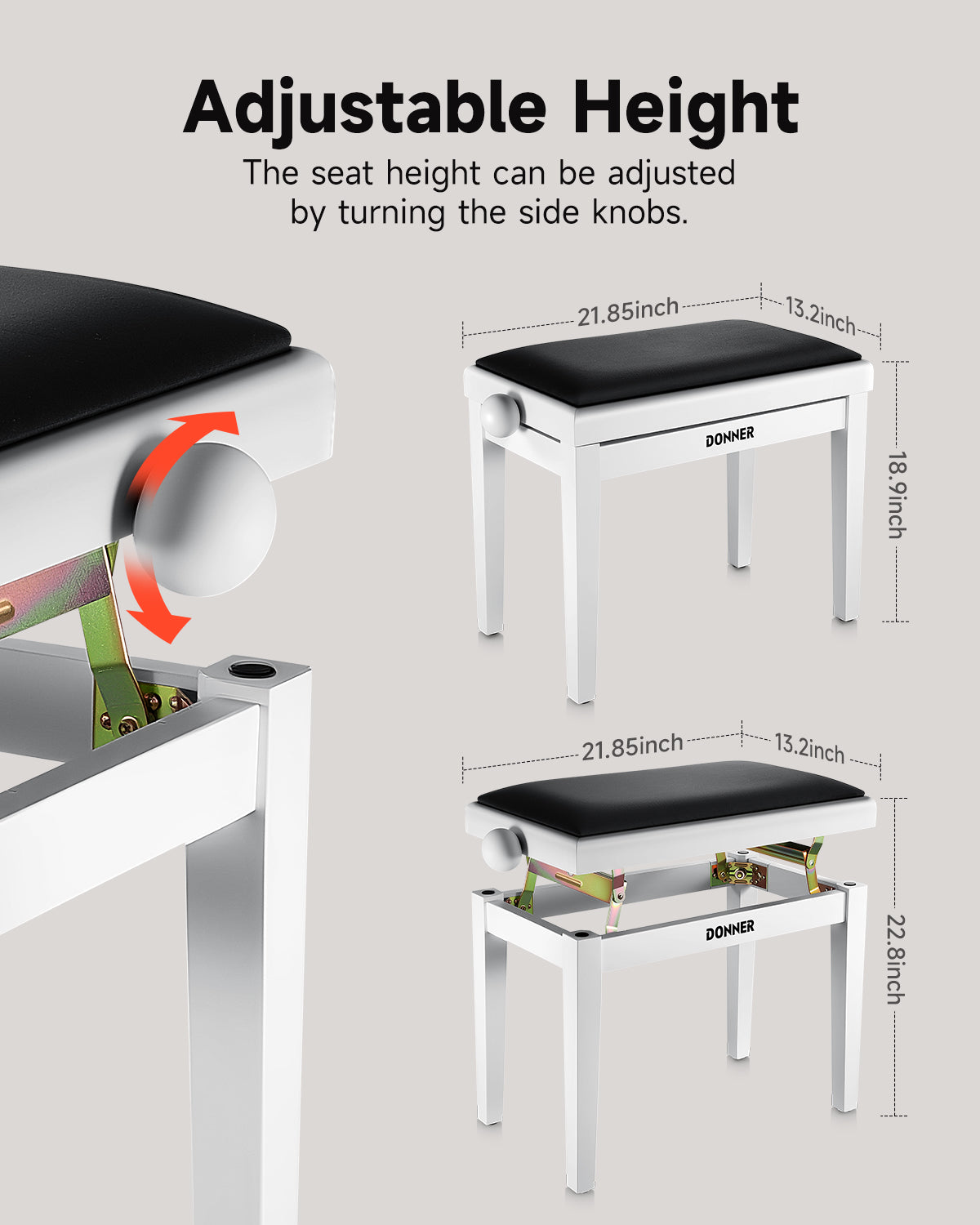Donner Adjustable-Height Piano Bench White Matt