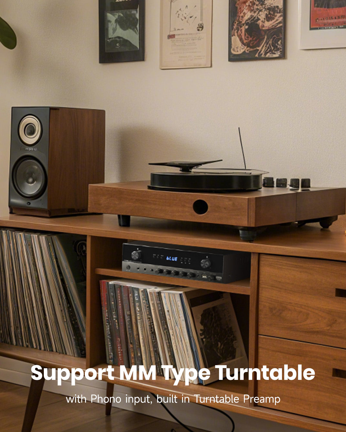 Wooden turntable setup with speakers and vinyl records on a shelf.