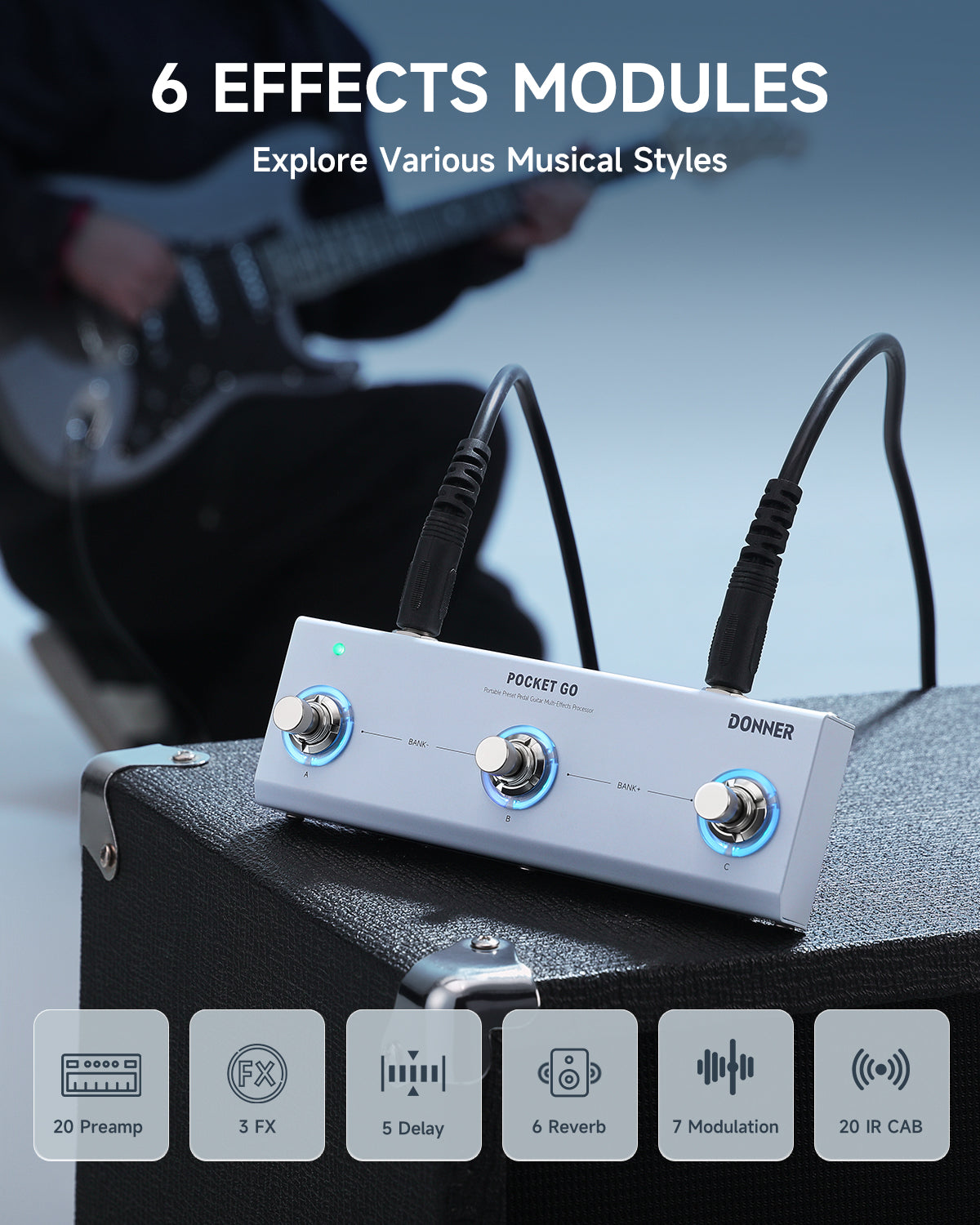 DONNER Pocket Go – Portable Preset Pedal Multi-Effects Processor for Guitar White