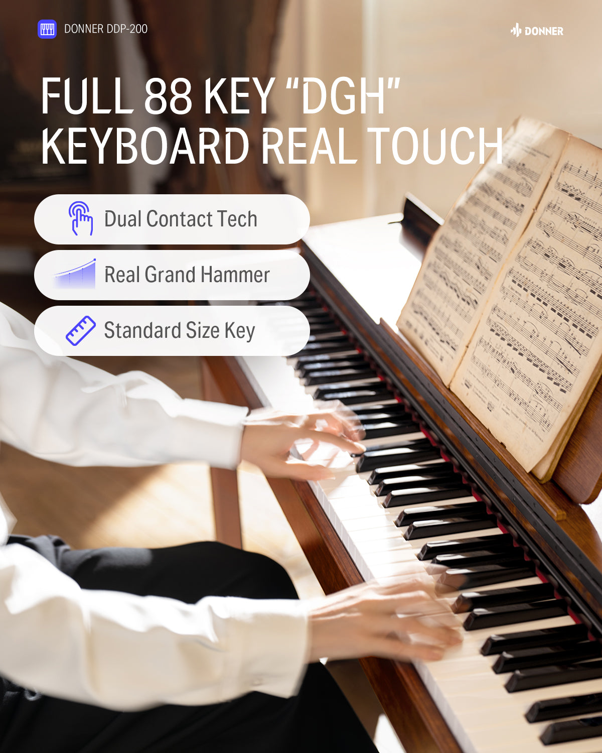 Donner DDP-200 Wooden Dynamic Hammer Action 88 Key Weighted Upright Digital Piano
