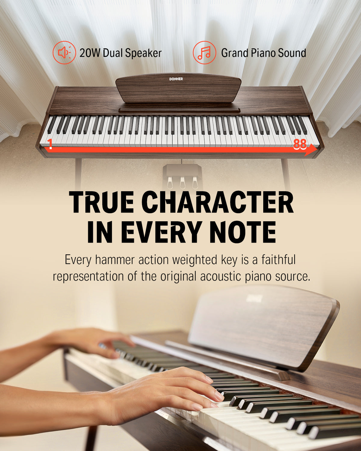 Donner DDP-80 Digital Piano 88 Key Weighted Keyboard, Walnut Wood Color + Pedal DONNER MUSIC AU