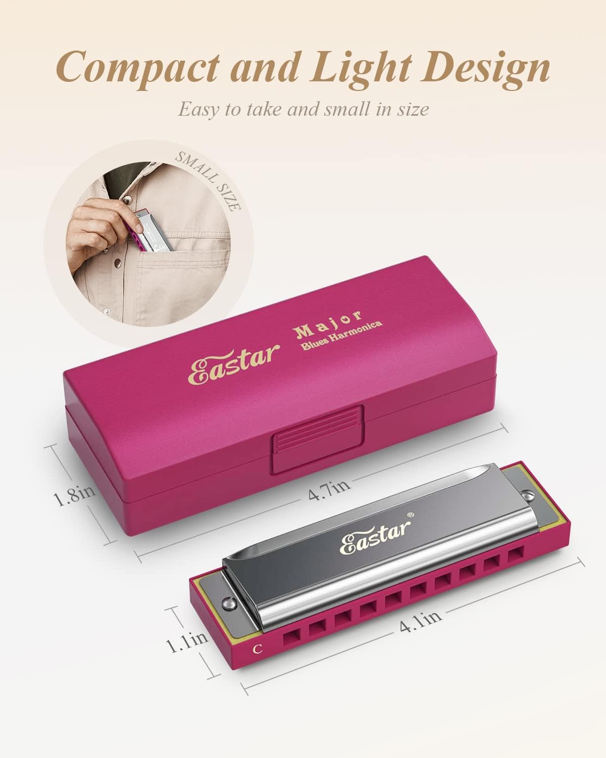 Eastar Major Blues Diatonic Harmonica, 10 Holes C Key Beginner Harmonica for Kids Children Adults Students, with Hard Case and Cloth, Pink
