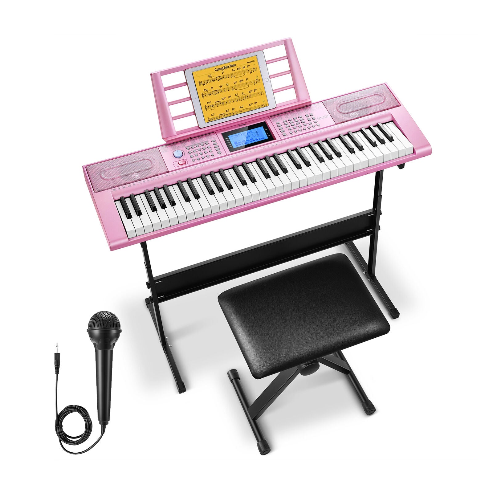 Donner DEK-610s Portable Piano Keyboard 61 Keys for Beginner with keyboard stand, bench, music stand, microphone, adapter-Pink##