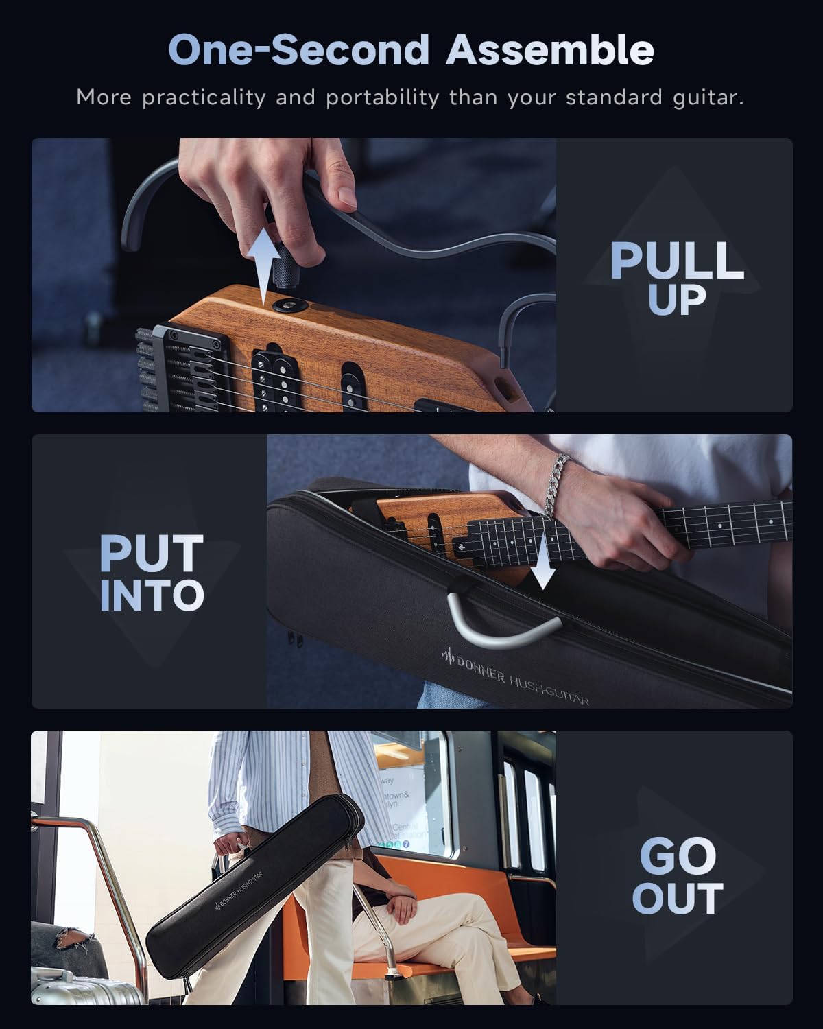 Donner HUSH-X Electric Guitar Kit - Featherlight and Quiet Performance Headless Guitar for Travel and Practice