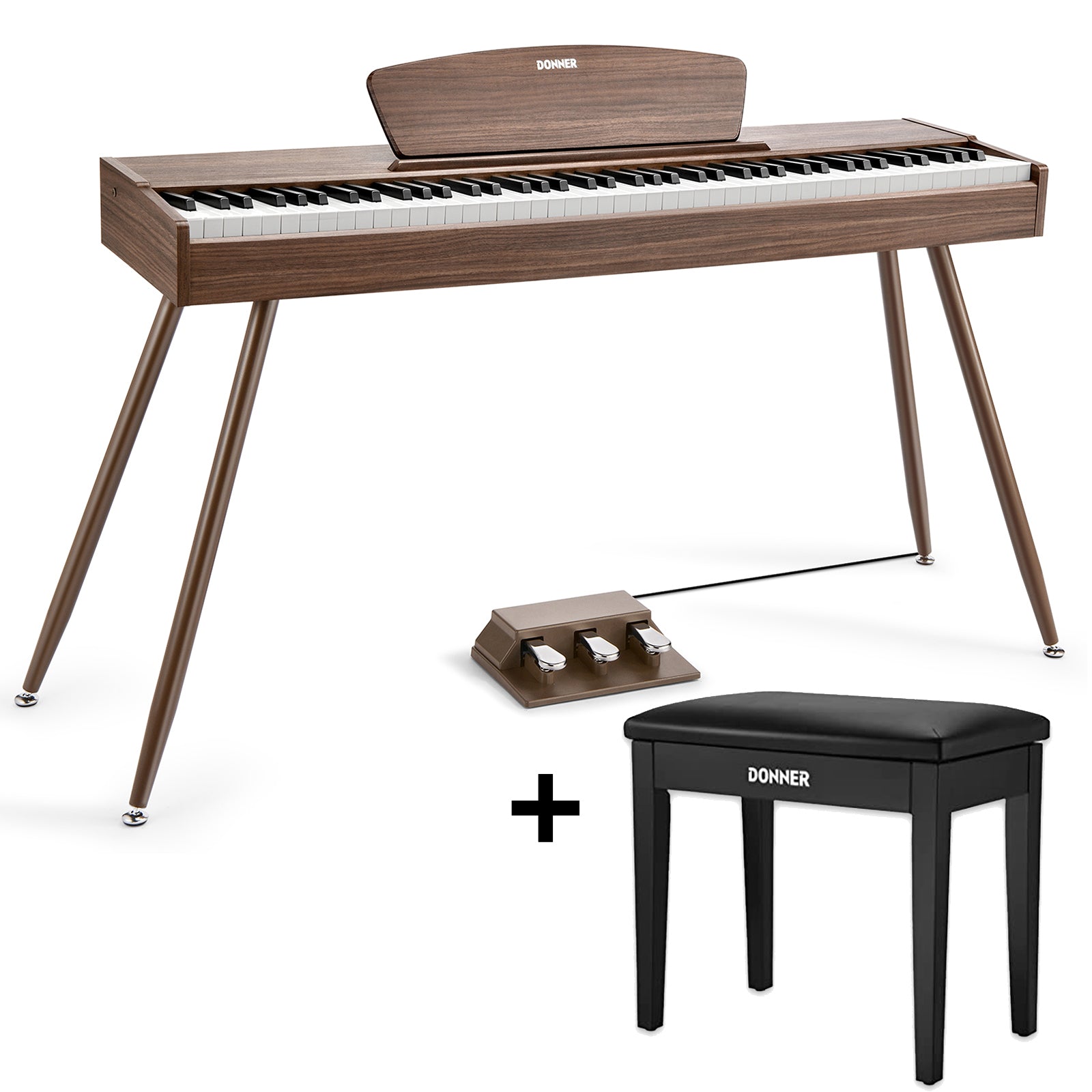 Donner DDP-80 Digital Piano 88 Key Weighted Keyboard, Walnut Wood Color + Pedal DONNER MUSIC AU with black bench