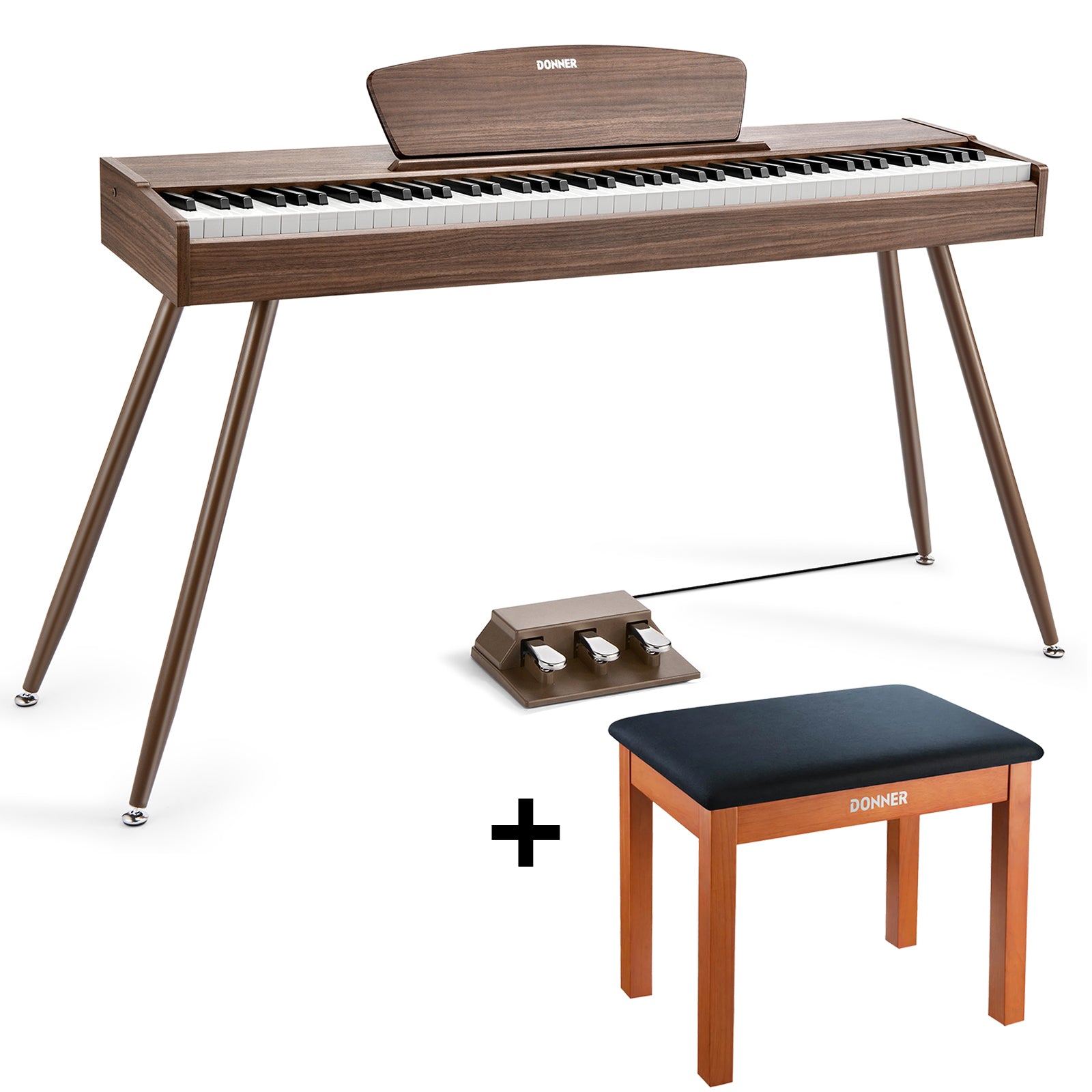 Donner DDP-80 Digital Piano 88 Key Weighted Keyboard, Walnut Wood Color + Pedal DONNER MUSIC AU with brown bench
