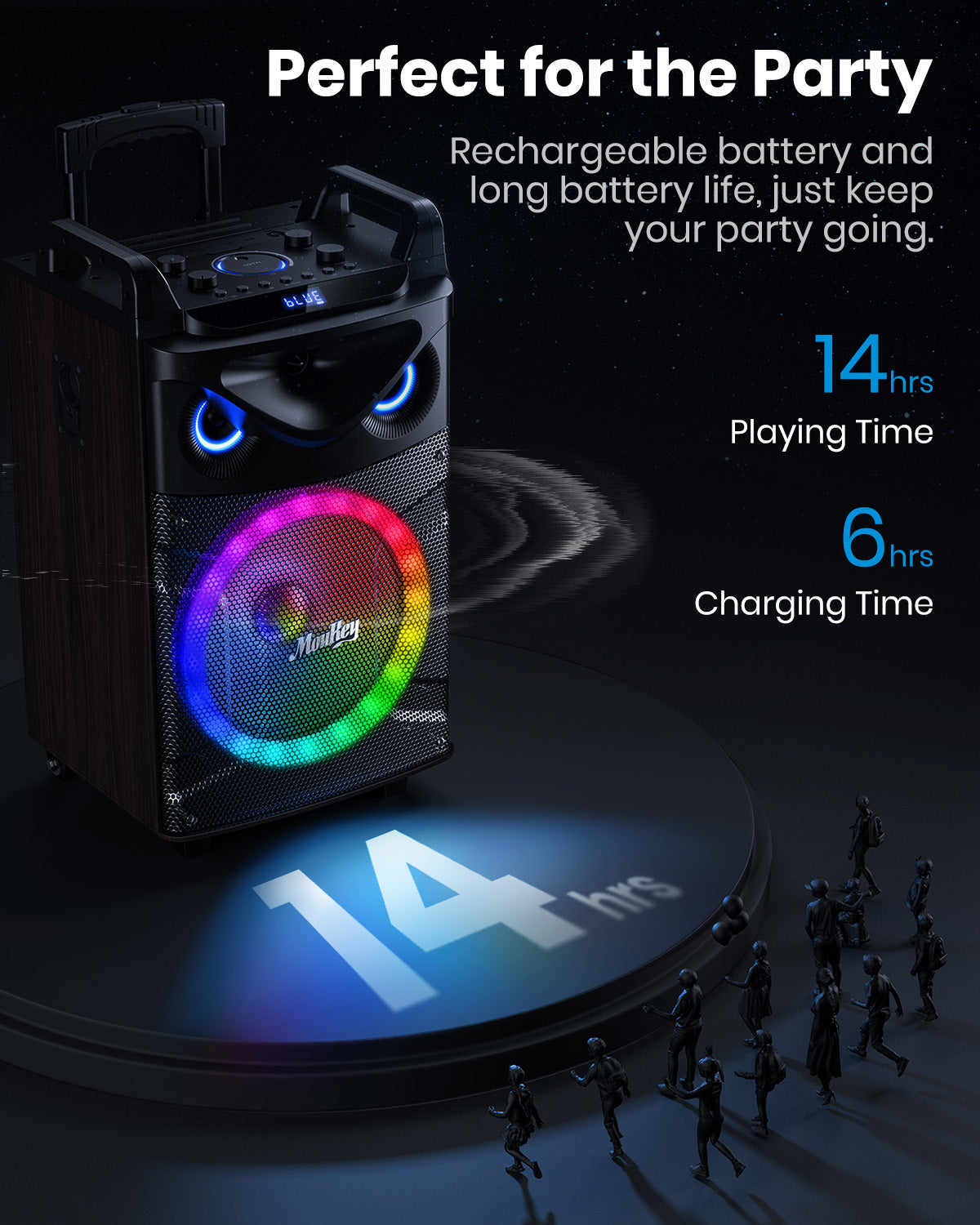 Moukey Karaoke Machine, Wood Pattern 10" Woofer Portable PA System, Bluetooth Speaker with 2 Wireless Microphones, Tablet Holder & Party Lights, Echo/Treble/Bass Adjustment Support REC/AUX/USB/TF
