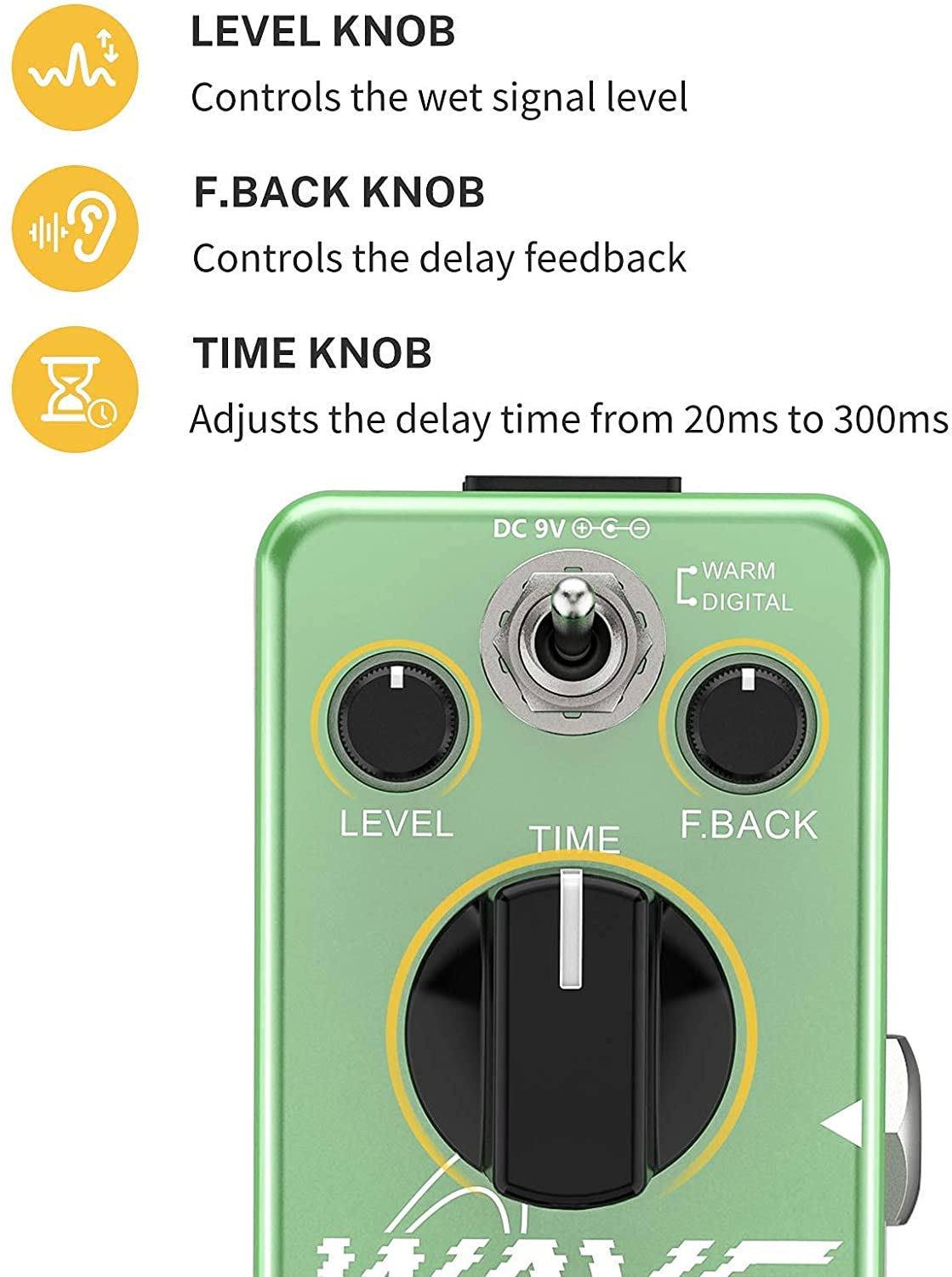 Donner Wave Delay Guitar Effect Pedal 2 Modes Digital and Analog-Style Warm Delay True Bypass