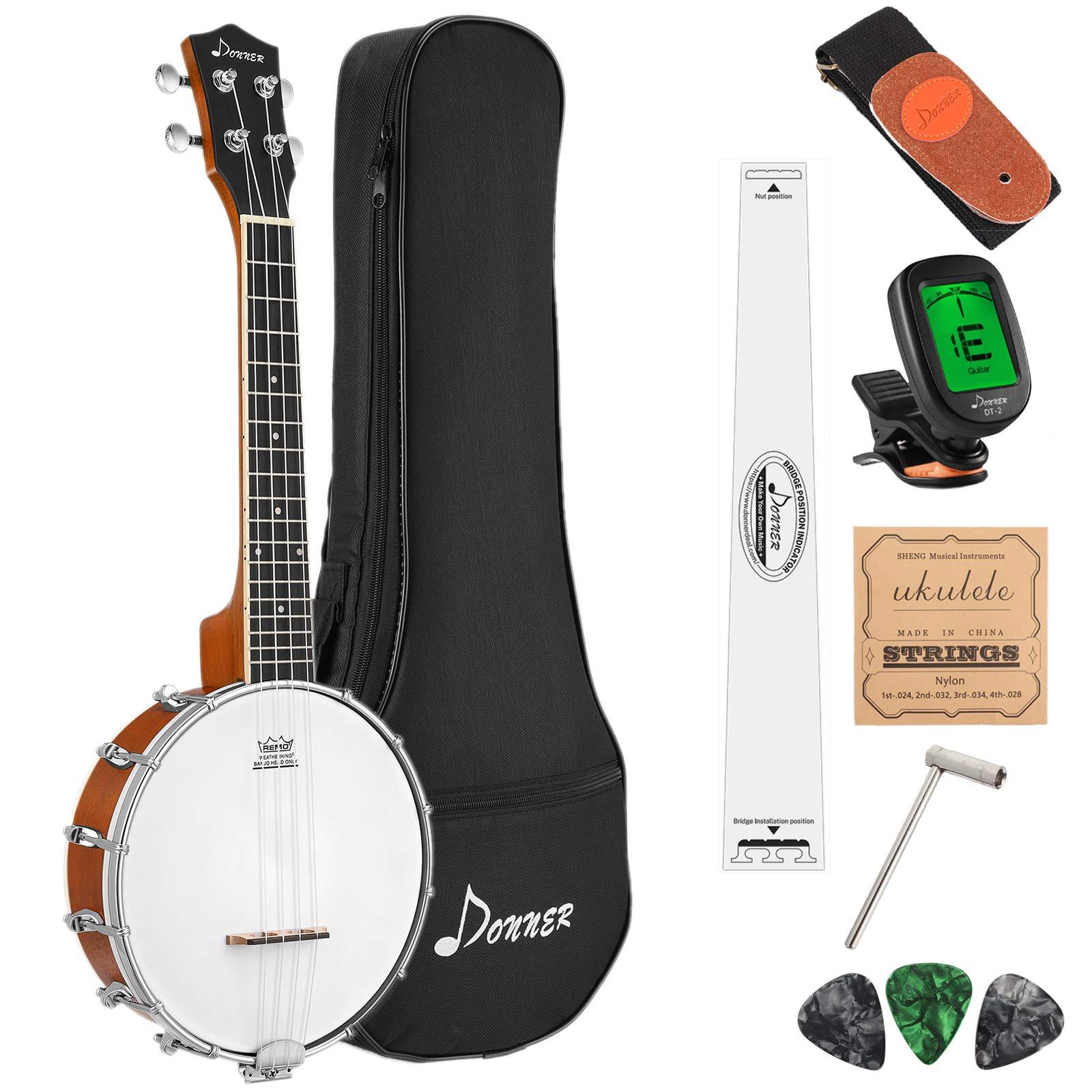 Donner DBU-200 Banjolele, 4 String Banjo Ukulele Concert 23 Inch Remo Sapele Drumhead with Strap, Picks, Strings, Gig Bag, Tunner, Truss Rod, Ruler - Donner music-AU