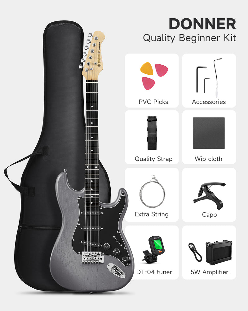 Donner DST-80 Electric Guitar with Amplifier, Strap, String, Tuner, Cable, Capo and Pick