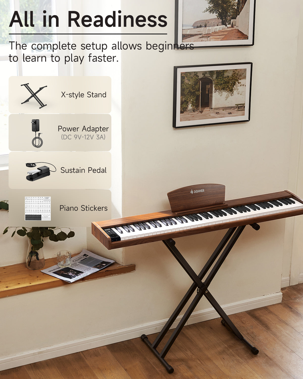 Donner DEP-1S Semi Weighted Keyboard Piano-Brown##