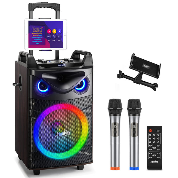 Moukey Karaoke Machine, Wood Pattern 10" Woofer Portable PA System, Bluetooth Speaker with 2 Wireless Microphones, Tablet Holder & Party Lights, Echo/Treble/Bass Adjustment Support REC/AUX/USB/TF