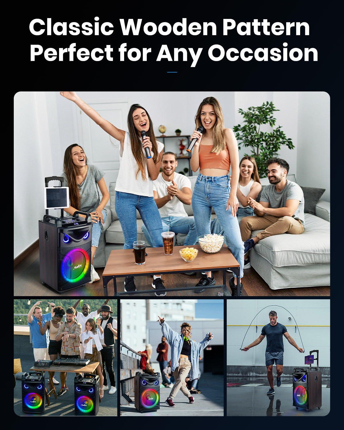 Moukey Karaoke Machine, Wood Pattern 10" Woofer Portable PA System, Bluetooth Speaker with 2 Wireless Microphones, Tablet Holder & Party Lights, Echo/Treble/Bass Adjustment Support REC/AUX/USB/TF