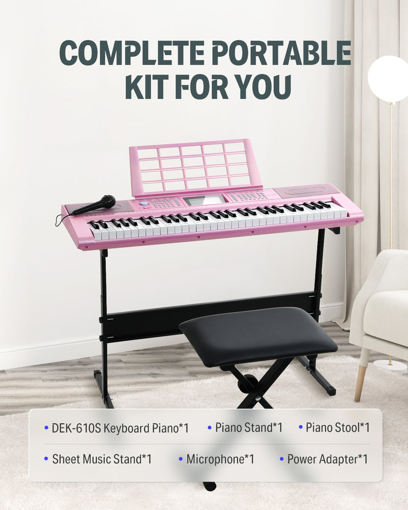 Donner Piano 61 Key LCD Electric Keyboard Full-Size Keys DEK-610 Beginner,  Include a Music Stand, Keyboard Stand, Stool, Microphone and Piano Course  App, Supports MP3/USB MIDI 
