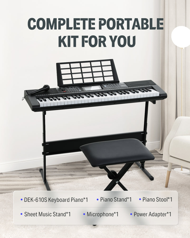 Donner DEK-610s Portable Piano Keyboard 61 Keys for Beginner with keyboard stand, bench, music stand, microphone, adapter