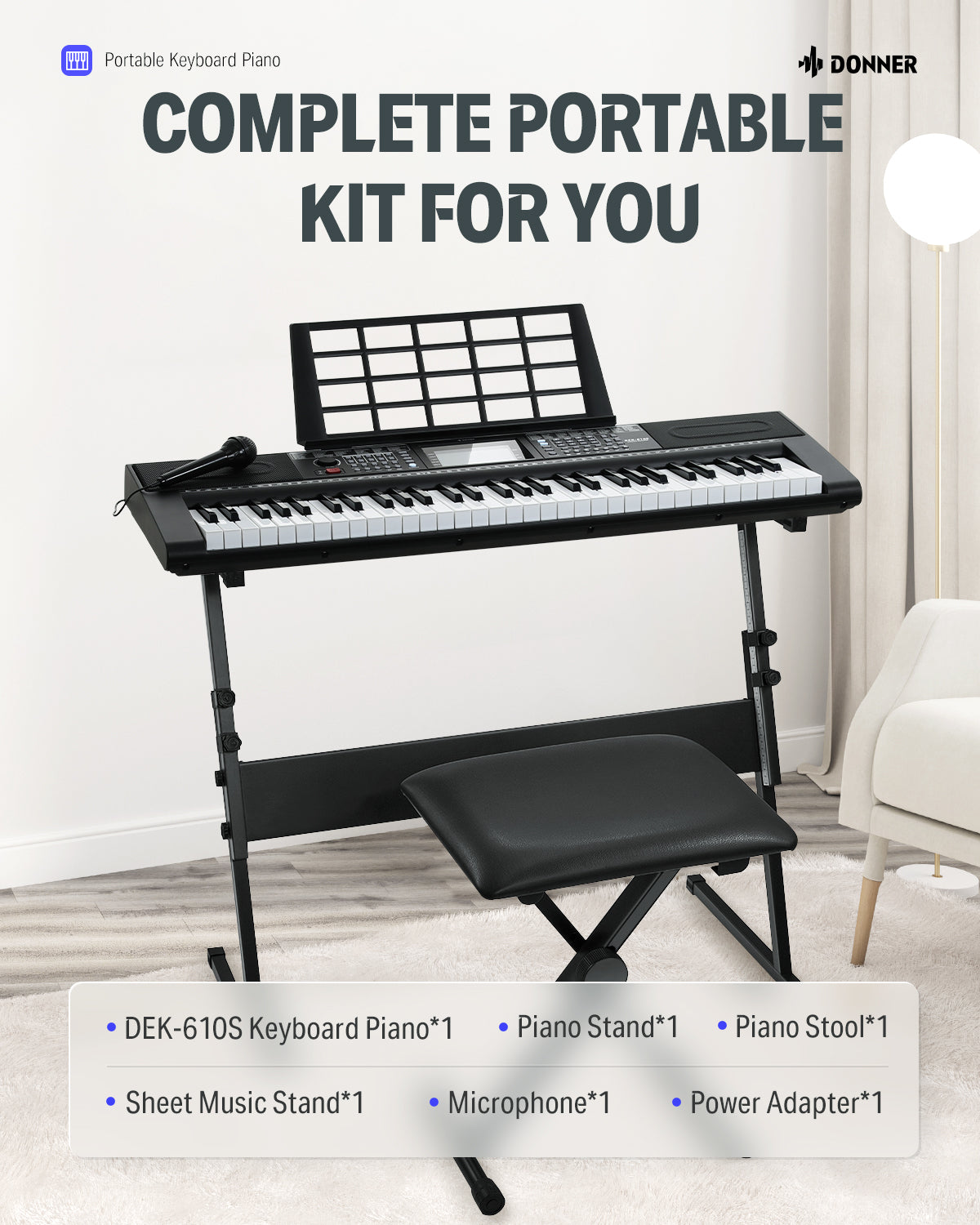 DEK-610S / 61-Key Beginner Keyboard with Stand, Bench & Microphone
