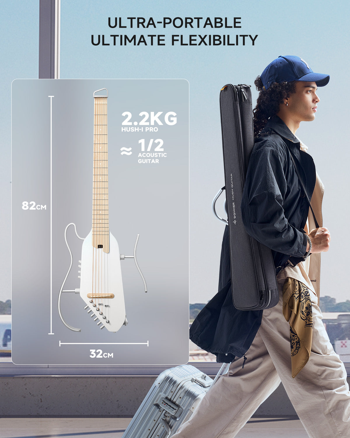HUSH-I PRO Travel Guitar / Acoustic-Electric Kit with Effects – Donner