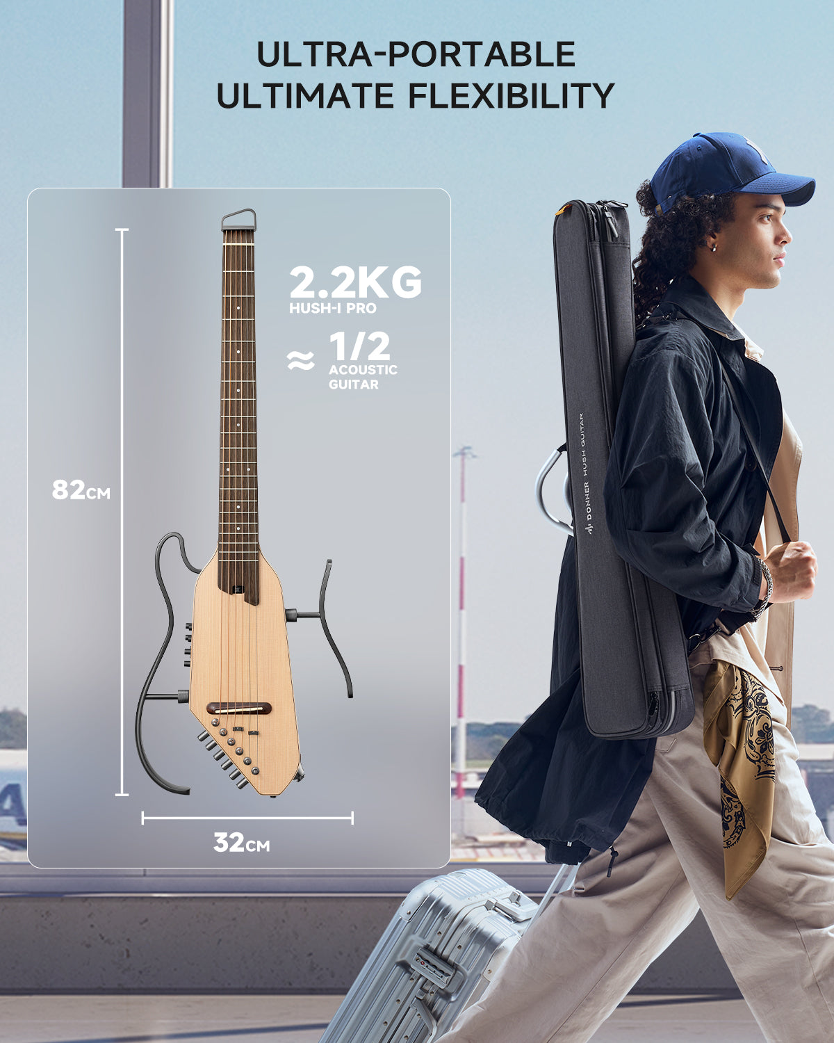 HUSH-I PRO Travel Guitar / Acoustic-Electric Kit with Effects – Donner