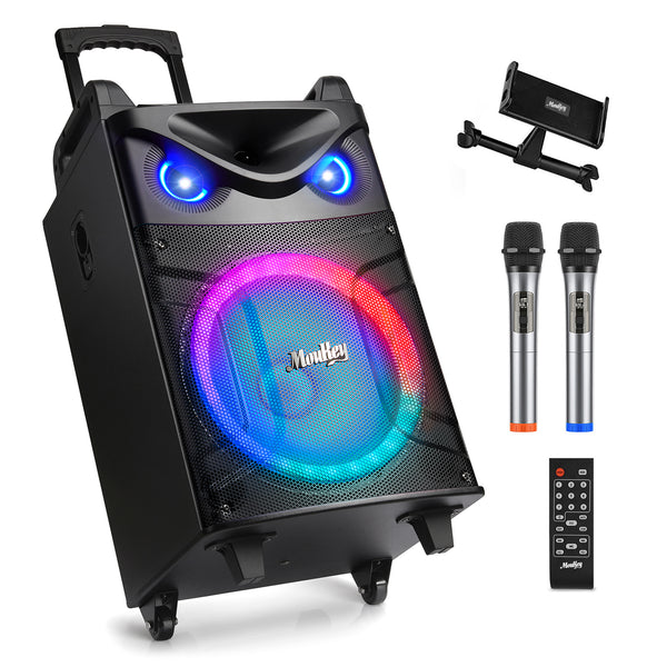 Moukey Karaoke Machine, 10" Woofer Portable PA System, Bluetooth Speaker with 2 Wireless Microphones, Lyrics Display Tablet Holder, Party Lights & Echo/Treble/Bass Adjustment Support REC/AUX/USB/TF