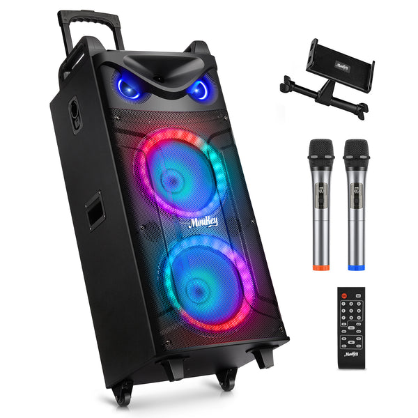 Moukey Karaoke Machine, Double 10" Woofer PA System for Party, Portable Bluetooth Speaker with 2 Wireless Microphone, Disco Lights and Echo/Treble/Bass Adjustment, Support TWS/REC/AUX/MP3/USB/TF/FM