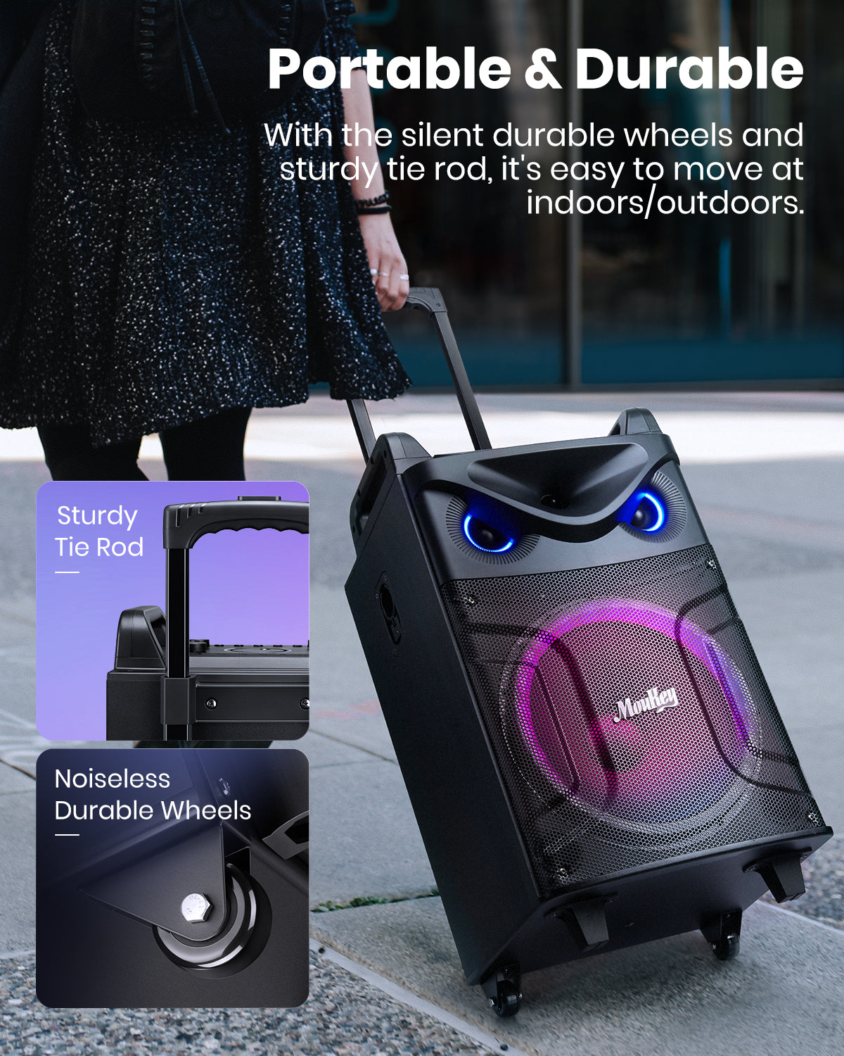 Moukey Karaoke Machine, 10" Woofer Portable PA System, Bluetooth Speaker with 2 Wireless Microphones, Lyrics Display Tablet Holder, Party Lights & Echo/Treble/Bass Adjustment Support REC/AUX/USB/TF