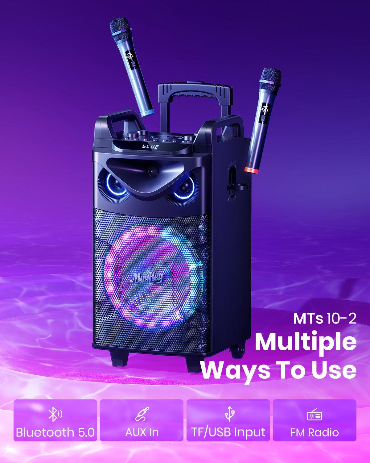 Moukey Karaoke Machine, 10" Woofer Portable PA System, Bluetooth Speaker with 2 Wireless Microphones, Lyrics Display Tablet Holder, Party Lights & Echo/Treble/Bass Adjustment Support REC/AUX/USB/TF