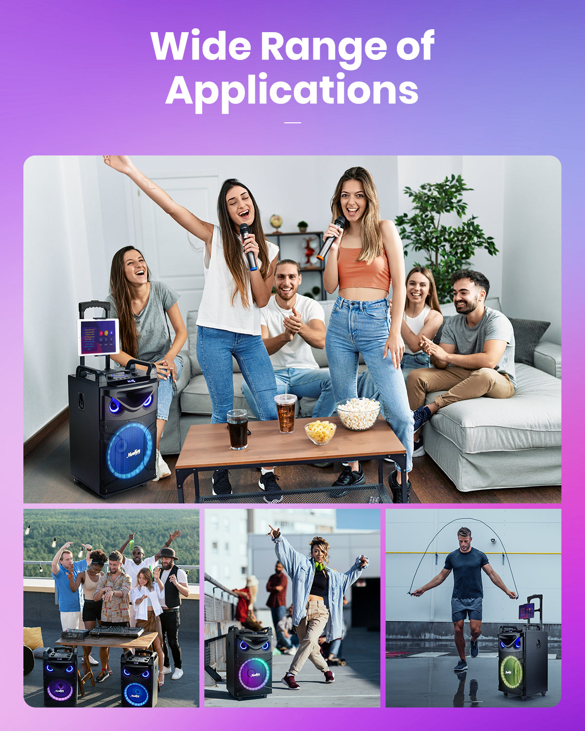 Moukey Karaoke Machine, 10" Woofer Portable PA System, Bluetooth Speaker with 2 Wireless Microphones, Lyrics Display Tablet Holder, Party Lights & Echo/Treble/Bass Adjustment Support REC/AUX/USB/TF