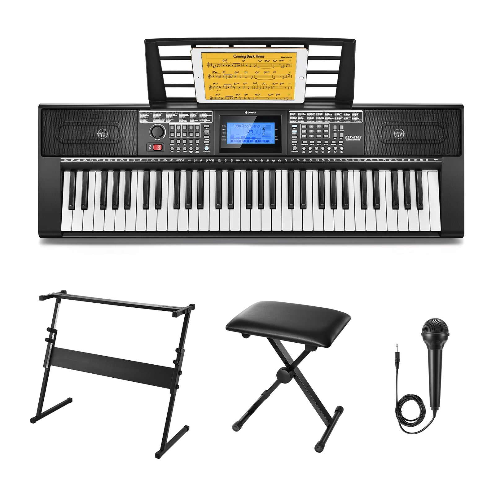 Donner DEK-610s Portable Piano Keyboard 61 Keys for Beginner with keyboard stand, bench, music stand, microphone, adapter-Black##