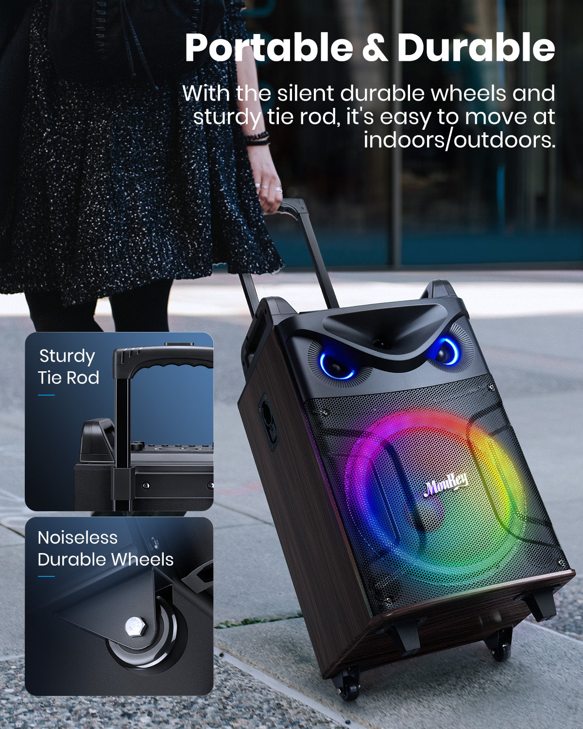Moukey Karaoke Machine, Wood Pattern 10" Woofer Portable PA System, Bluetooth Speaker with 2 Wireless Microphones, Tablet Holder & Party Lights, Echo/Treble/Bass Adjustment Support REC/AUX/USB/TF