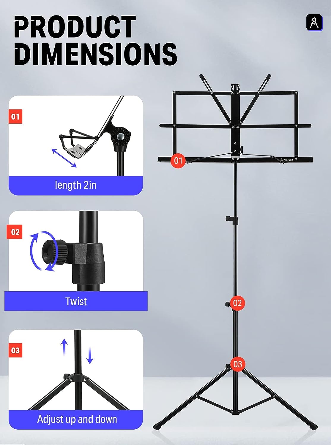 Donner DMS-2 Music Stand for Sheet Music with 2 Carrying Bag, Portable Folding Wire Music Stand Holder