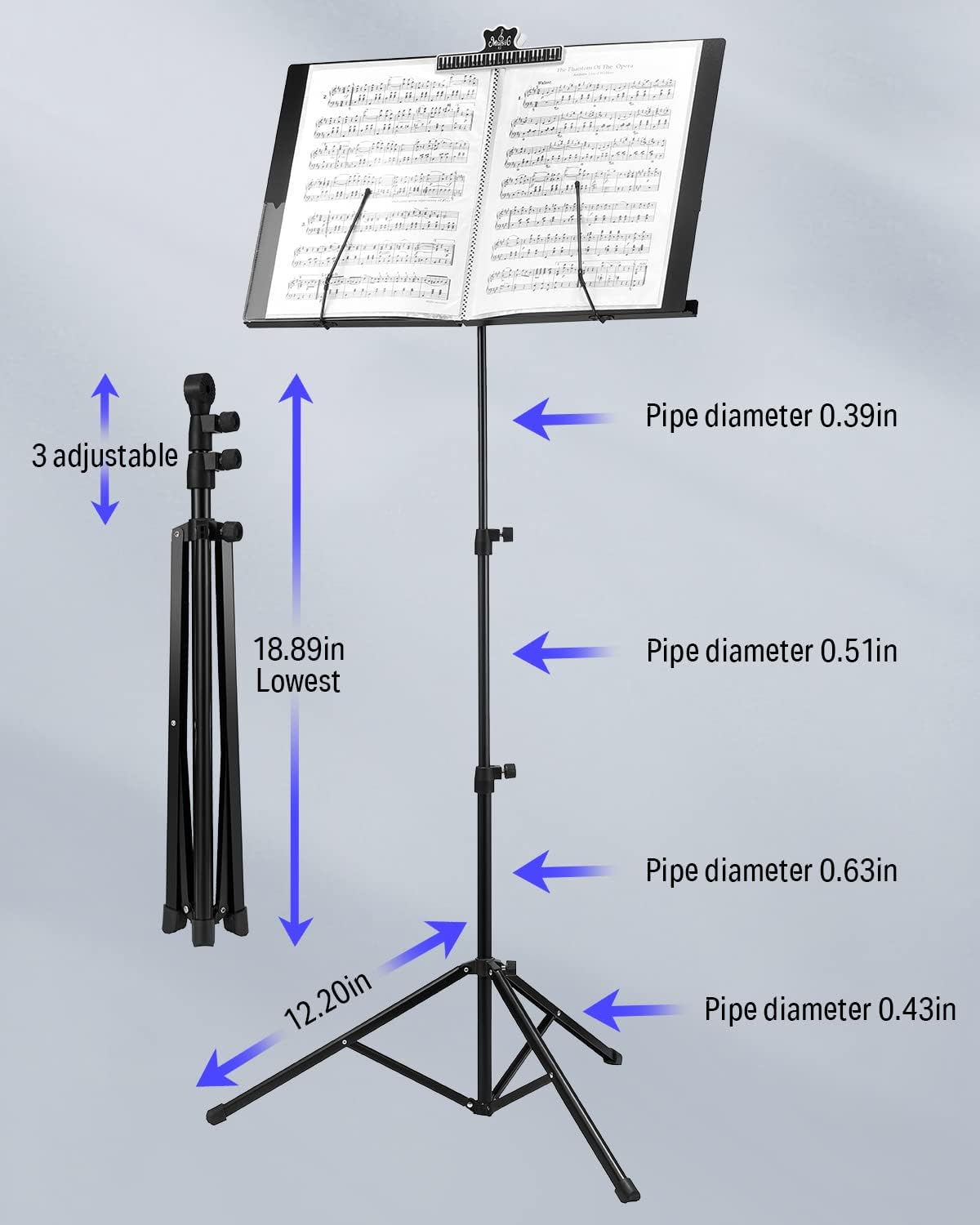 Donner DMS-2 Music Stand for Sheet Music with 2 Carrying Bag, Portable Folding Wire Music Stand Holder