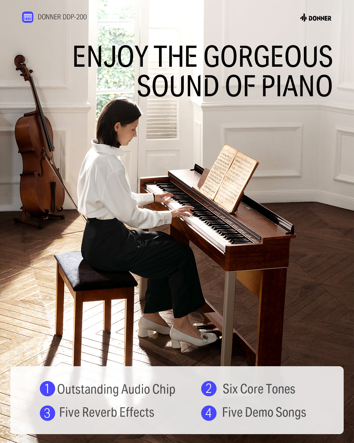 Donner DDP-200 Wooden Dynamic Hammer Action 88 Key Weighted Upright Digital Piano