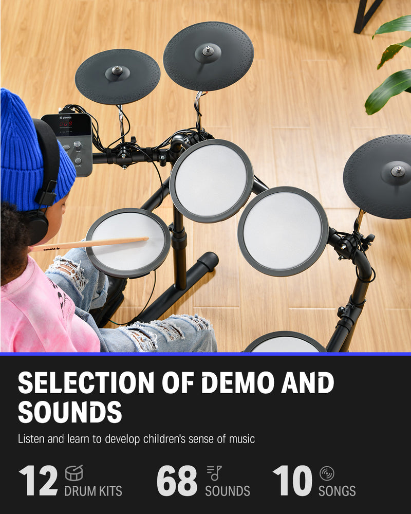 Donner DED-70 Electric Drum Set For kids beginners with Quiet Mesh Drum Pads, 5 drums 3 cymbal